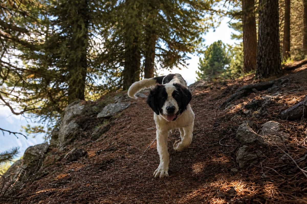 A black-and-white dog running toward the camera on a shaded mountain forest trail