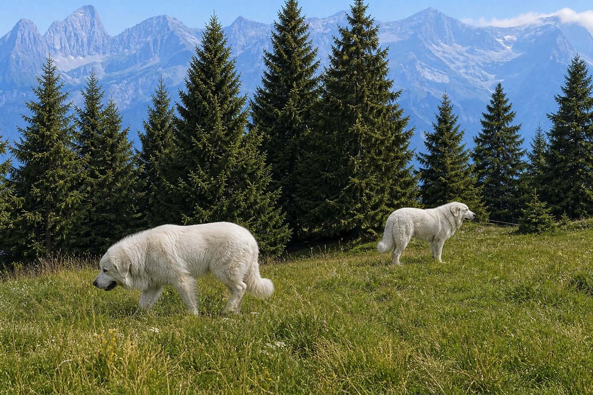 Two white livestock guardian dogs patrolling an alpine pasture