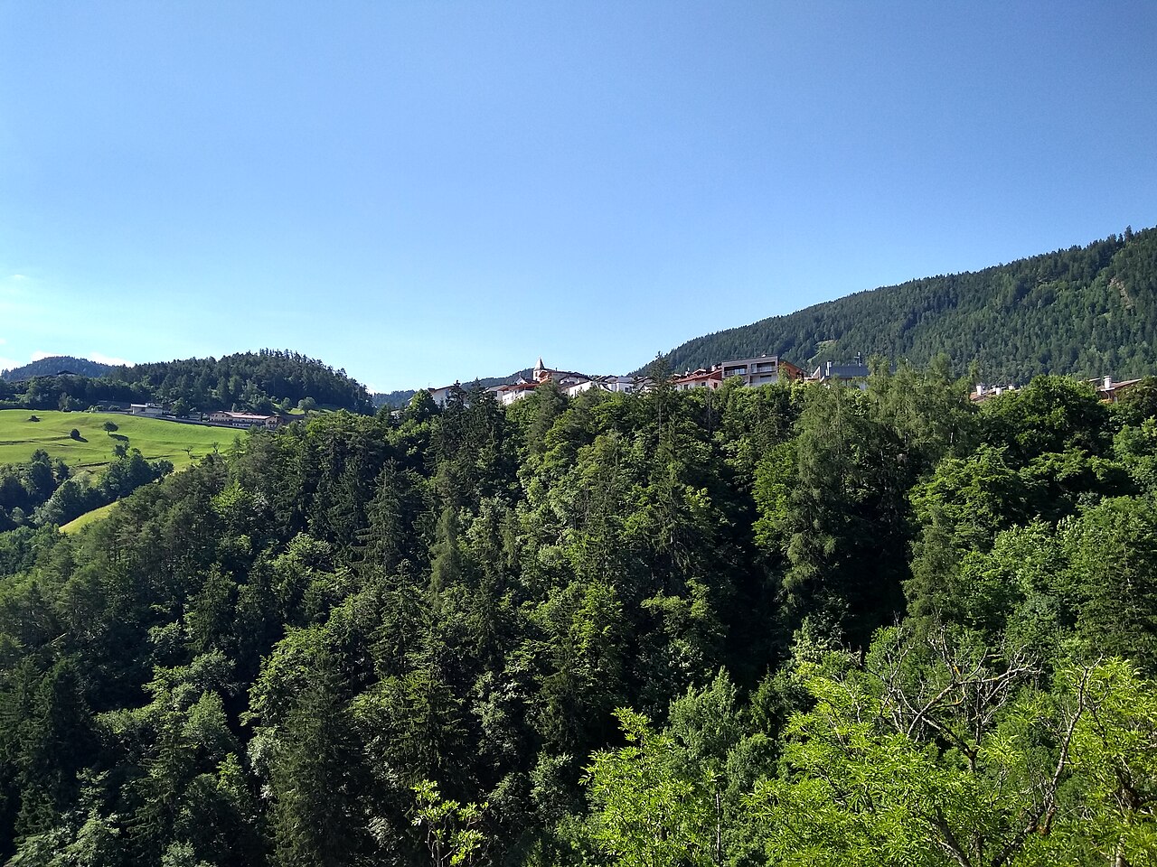The village of Steinegg on its wooded ridge above forested slopes and meadows.