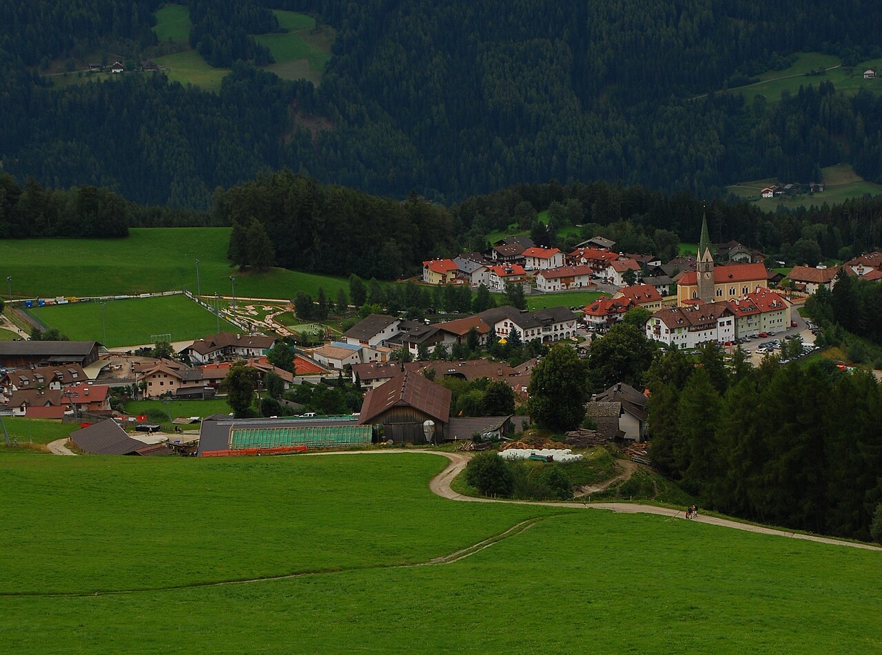A track curving across mown meadow towards the village of Terenten, with wooded slopes rising behind it.