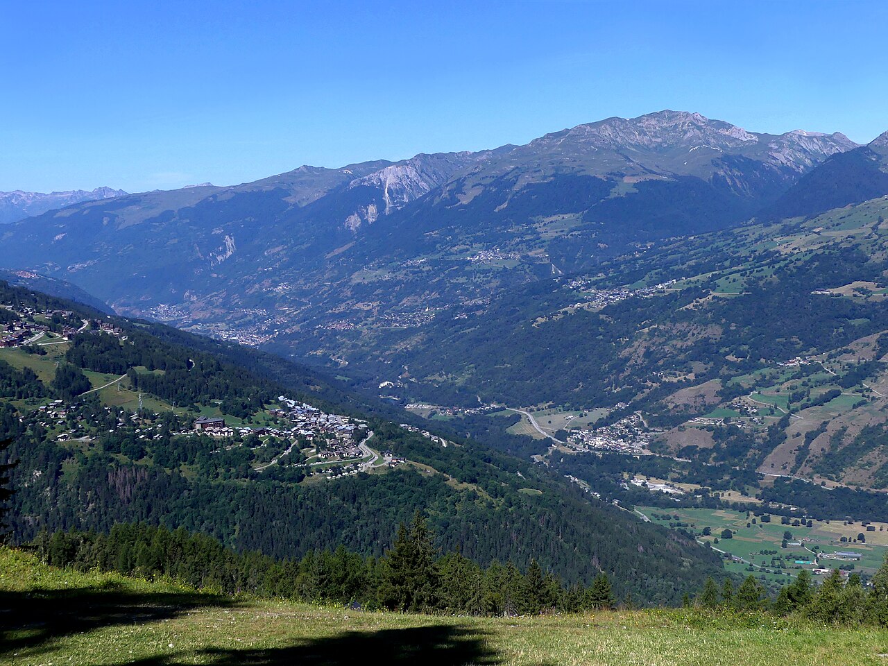 A summer morning over the Tarentaise valley from Vallandry, meadow in the foreground and the Beaufortain ridge beyond the forested slopes.