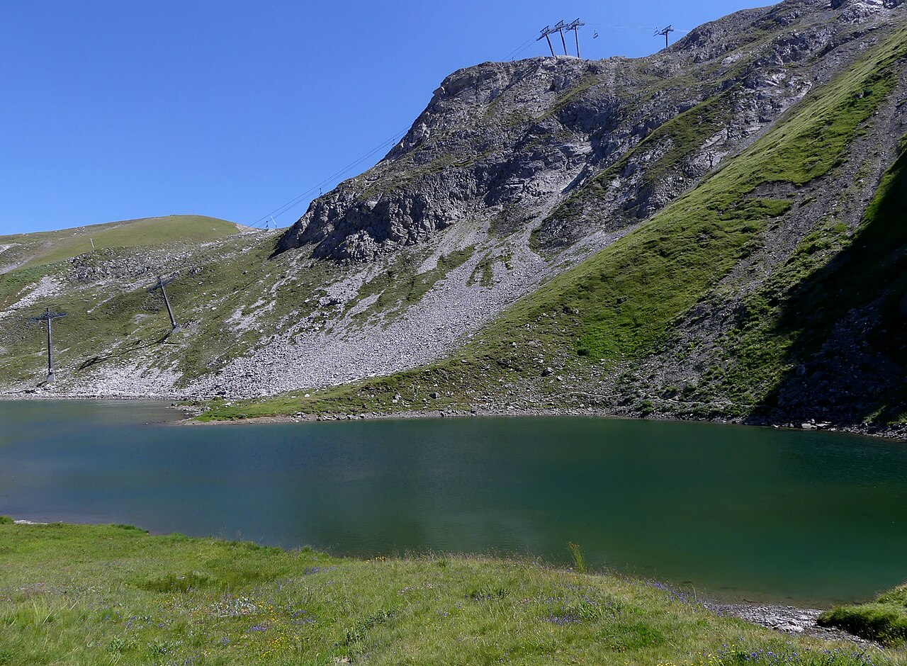 The green water of the north Chardonnet lake at Tignes in July, wildflowers in the grass on the near shore and scree slopes behind.