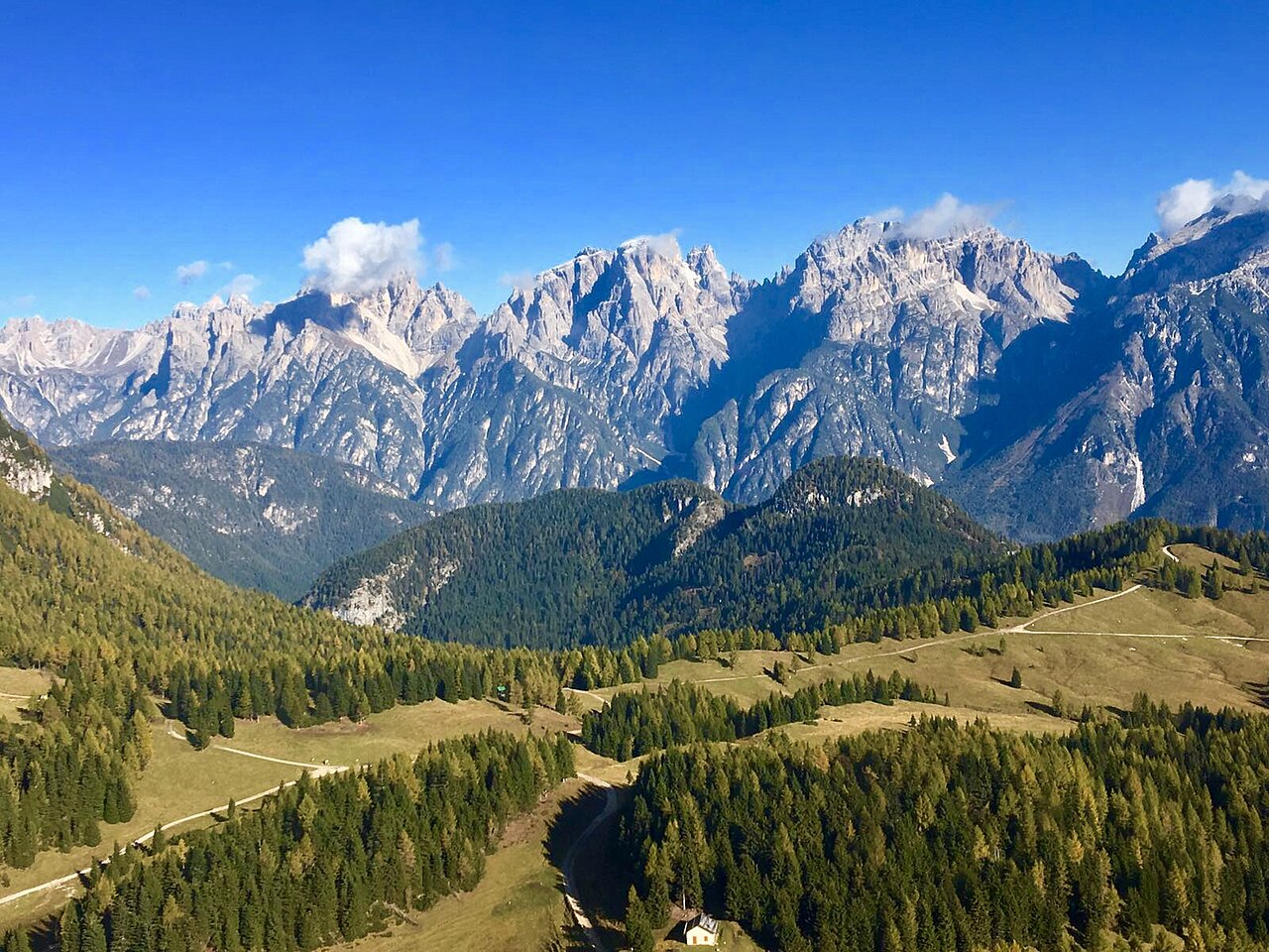 The Pian dei Buoi plateau in autumn, tracks crossing golden pasture between larch and spruce, the Marmarole wall standing behind under a clear sky.
