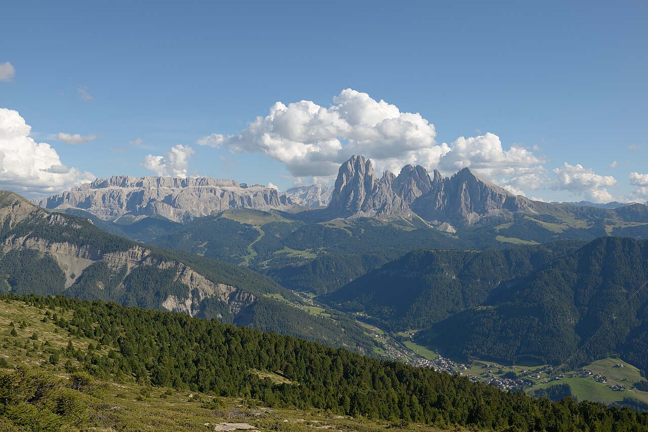 Val Gardena below the Sassolungo and Sella groups, seen from Resciesa